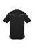 A black short sleeve polo shirt featuring a simple design and a logo.