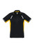 A black and yellow men's short sleeve polo shirt featuring a logo and contrast detailing.