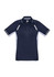 A men's short sleeve polo in navy blue with light grey side panels and a logo.