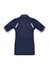 A navy blue short sleeve polo shirt with white accents and reflective details on the back. It features a logo.