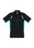 A black and teal men's short sleeve polo shirt featuring contrasting side panels and a logo.