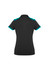 A black women's polo shirt featuring turquoise accents on the collar and sleeves, with a logo on the back.