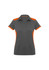 A women's short sleeve polo shirt in grey with orange accents and a logo.