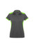 A women's polo shirt in grey with bright green detailing and a collar. Features a logo.