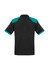 A black short sleeve polo shirt with teal accents on the shoulders and sleeves, featuring a logo.