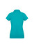 A women's short sleeve polo shirt in turquoise with a fitted design and a collar, featuring a branding logo.