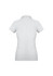 A women's short sleeve polo shirt in light grey with a logo on the back.