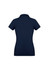 A navy women's short sleeve polo shirt with a fitted design and a collar, featuring a logo.