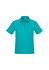 A teal short sleeve polo shirt featuring a collar, three buttons, and a logo.