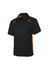 A black polo shirt with orange accents and a logo, featuring short sleeves and a collared neck.