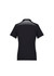 A women's black polo shirt featuring a grid design on the back and contrasting white trim on the sleeves.