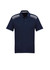 A navy short sleeve polo shirt featuring a patterned shoulder design and a logo on the chest.