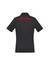 A black women's polo shirt featuring short sleeves and a red accent on the back. Includes a logo.