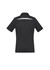 A black women's polo shirt featuring short sleeves and a subtle design element on the back. Includes a logo.