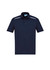 A navy blue men's short sleeve polo shirt featuring a subtle logo and white detailing on the shoulders.