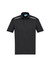 A black short sleeve polo shirt with a collar and side stripe detail. It features a logo on the front.