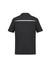 A black short sleeve polo shirt featuring a white accent stripe on the back and a logo.