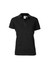 A black women's short sleeve polo shirt with a collared neckline and a logo.