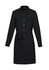 A black women's dress with button-up front, long sleeves, two chest pockets, and a tied waist belt.