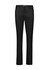 A pair of black slim leg stretch chino pants with a button closure and pockets, featuring a branding logo.