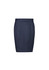 A navy blue mid-waist pencil skirt with a sleek design and minimal detailing. It features a waistband and a smooth silhouette.