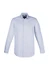 A men's long sleeve button-up shirt featuring a blue and white checked pattern with a logo on the chest.