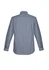 A navy and white check patterned long sleeve button-up shirt with a collar and button cuffs.