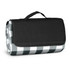 A folded picnic blanket featuring a green and white checkered pattern, with a black carrying handle.