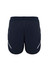 A pair of navy sports shorts featuring white detailing and an elastic waistband. Includes a logo on the back.