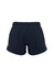 A pair of women's sports shorts in navy blue with an elastic waistband and reflective logo details.
