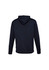 A black hoodie with a hood and long sleeves, featuring a logo on the back.