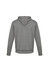 A grey hoodie with a kangaroo pocket and a hood, featuring a logo on the back.