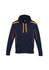 A navy hoodie with yellow accents and a front zipper, featuring a hood and a logo.