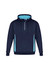 Unisex navy hoodie with light blue side panels and a zippered collar. Features a drawstring and a logo.