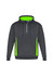 A grey unisex hoodie featuring bright lime green accents and a front zipper. It has a logo on the chest.