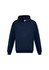 A navy blue kids' hoodie featuring a front pocket and a standard hood. It has a logo on the front.