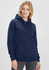 A women's navy crew hoodie featuring a front pocket and a logo. The model has blonde hair and a casual expression.