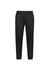 A pair of black track pants with a tapered fit and elastic cuffs, featuring a logo on the waistband.