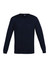 A navy blue men's pullover with a V-neck and long sleeves, featuring a logo on the chest.