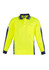 A long sleeve polo in bright yellow and navy, featuring a collar, a pocket, and logo branding.