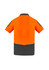 Men's short sleeve polo in high visibility orange and grey, featuring shoulder detailing and a logo.
