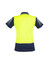 A high-visibility short sleeve polo shirt in bright yellow and navy blue, featuring a logo and striped details on the sleeves.