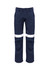 Navy work pants featuring reflective tape detail, designed in a traditional style with a logo present.