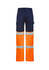 Hi-vis work pants in navy with bright orange reflective stripes and multiple cargo pockets, featuring a logo.