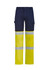 Hi-vis work pants in navy blue and yellow, featuring reflective tape and side pockets, with a logo present.