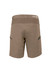 A pair of khaki work shorts with stretch fabric, featuring pockets and a logo.