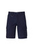 A pair of navy blue cargo shorts featuring multiple pockets and a metal loop detail.