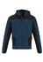 A unisex hoodie in navy blue with black accents, featuring a hood and zippered pockets. It has a logo on it.