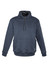 A navy blue unisex hoodie featuring multiple pockets and a hood, with a logo on the sleeve.