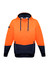 A unisex hi-vis textured jacquard hoodie in bright orange and navy, featuring a logo and a kangaroo pocket.